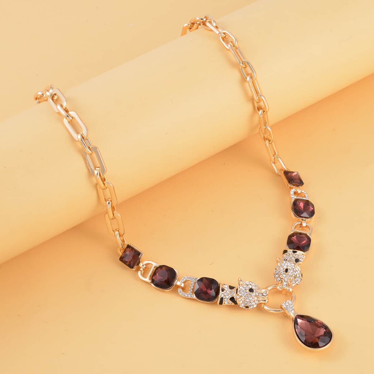 Burgundy Glass and Austrian Crystal Enameled Necklace 20.5-22.5 Inches in Goldtone image number 1