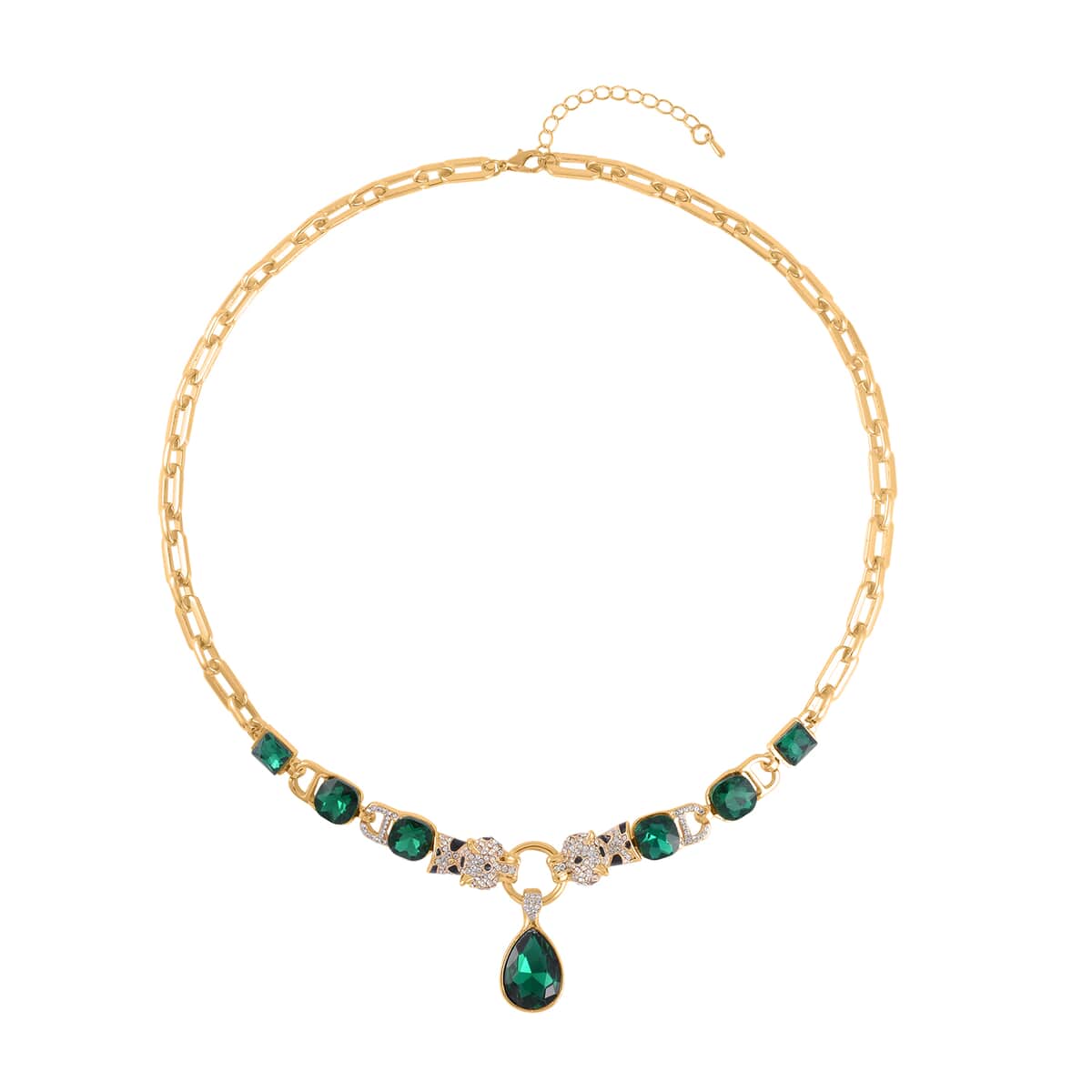 Green Glass and Austrian Crystal Enameled Necklace 20.5-22.5 Inches in Goldtone image number 0