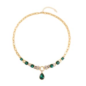 Green Glass and Austrian Crystal Enameled Necklace 20.5-22.5 Inches in Goldtone