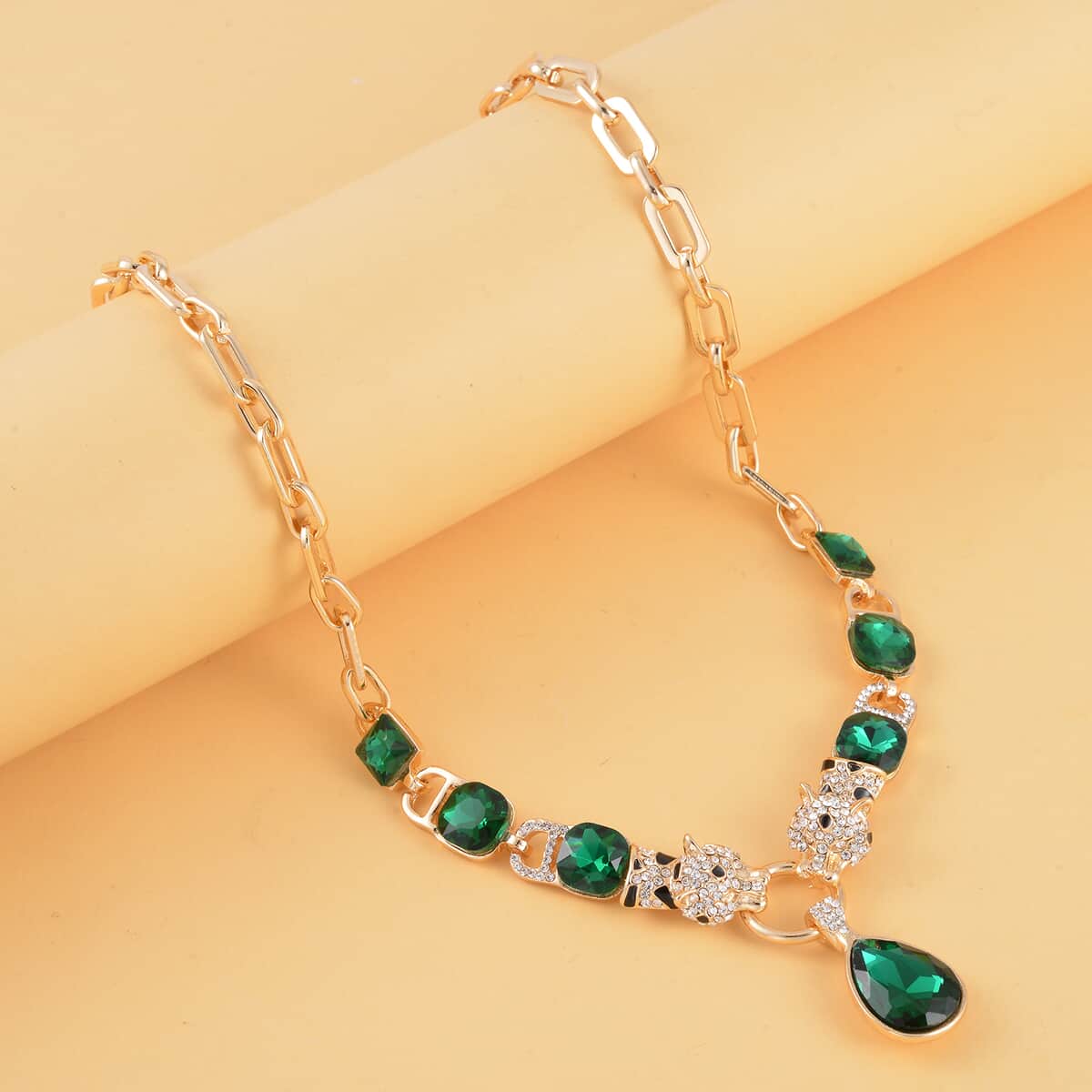 Green Glass and Austrian Crystal Enameled Necklace 20.5-22.5 Inches in Goldtone image number 1