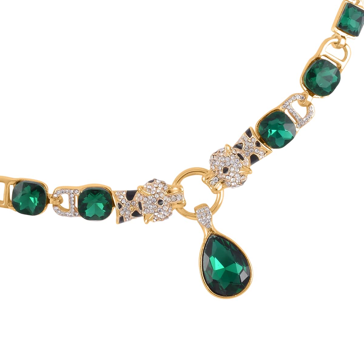 Green Glass and Austrian Crystal Enameled Necklace 20.5-22.5 Inches in Goldtone image number 2