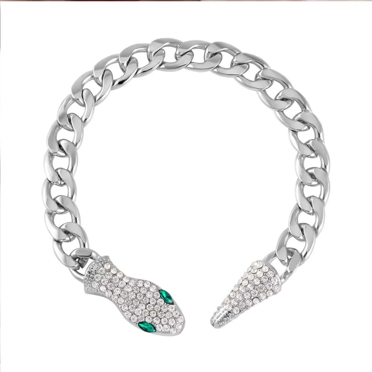 Green Glass and White Austrian Crystal Cable Link Chain with Snake Head & Tail Bracelet in Silvertone (10.50 In) image number 0