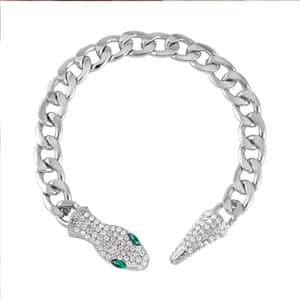 Green Glass and White Austrian Crystal Cable Link Chain with Snake Head & Tail Bracelet in Silvertone (10.50 In)