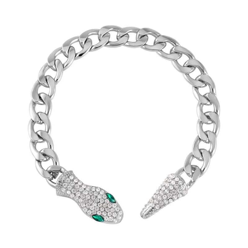 Green Glass and White Austrian Crystal Cable Link Chain with Snake Head & Tail Bracelet in Silvertone (10.50 In)