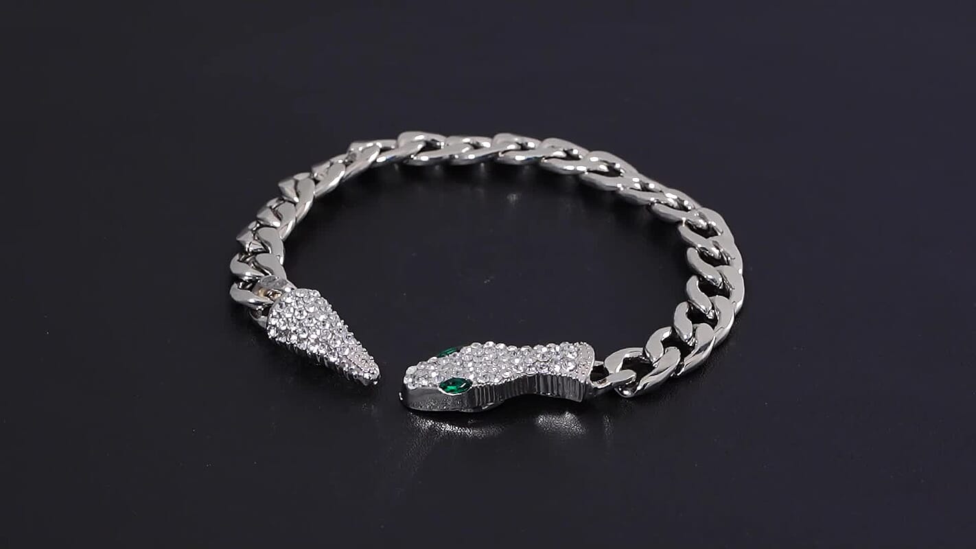 Green Glass and White Austrian Crystal Cable Link Chain with Snake Head & Tail Bracelet in Silvertone (10.50 In)