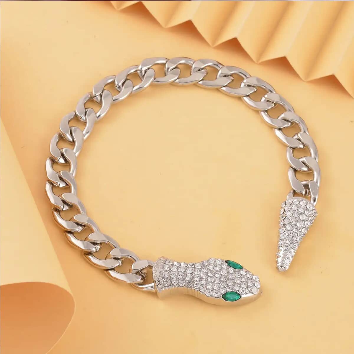 Green Glass and White Austrian Crystal Cable Link Chain with Snake Head & Tail Bracelet in Silvertone (10.50 In) image number 1