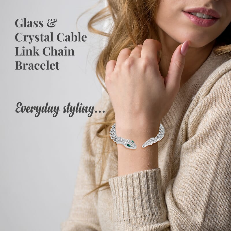 Green Glass and White Austrian Crystal Cable Link Chain with Snake Head & Tail Bracelet in Silvertone (10.50 In)