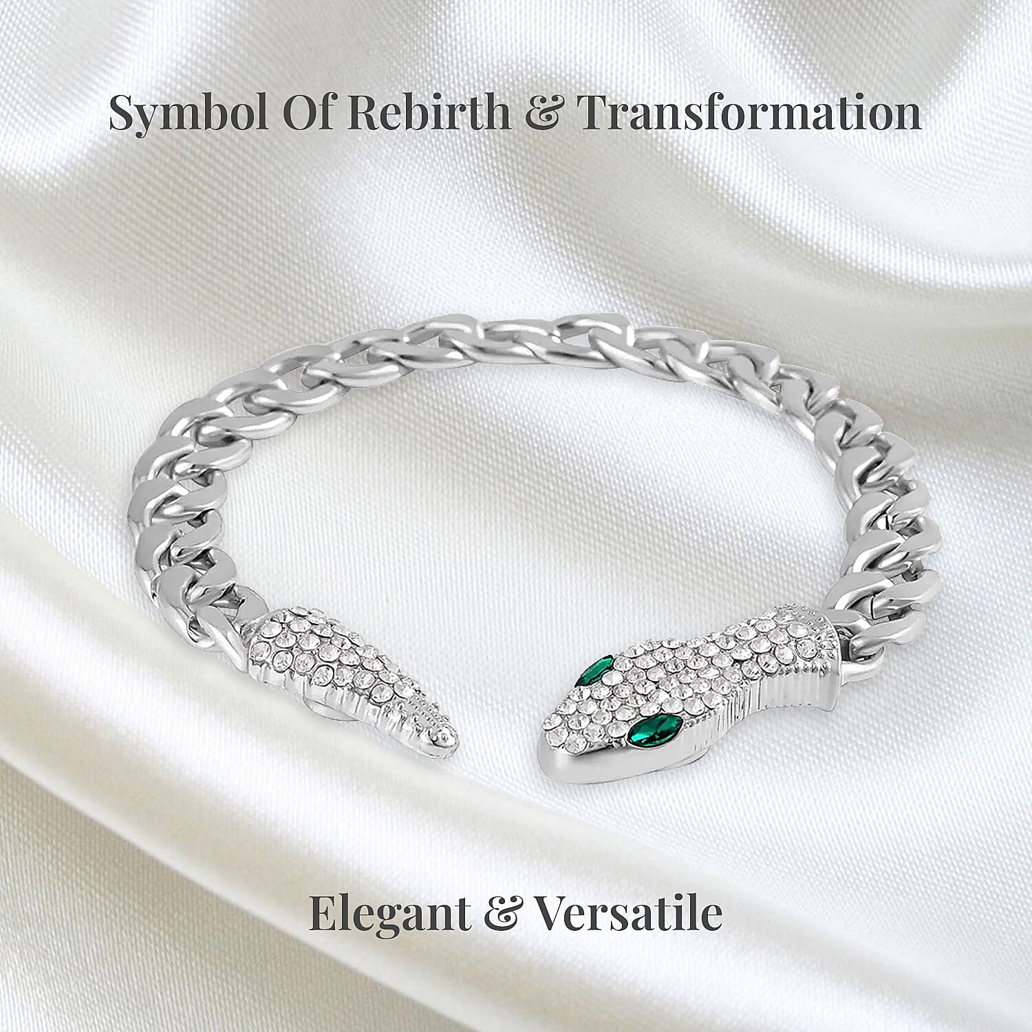 Green Glass and White Austrian Crystal Cable Link Chain with Snake Head & Tail Bracelet in Silvertone (10.50 In)