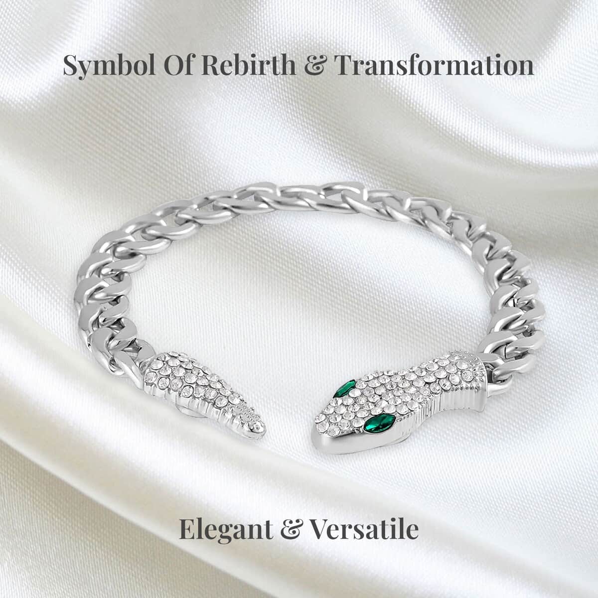 Green Glass and White Austrian Crystal Cable Link Chain with Snake Head & Tail Bracelet in Silvertone (10.50 In) image number 3