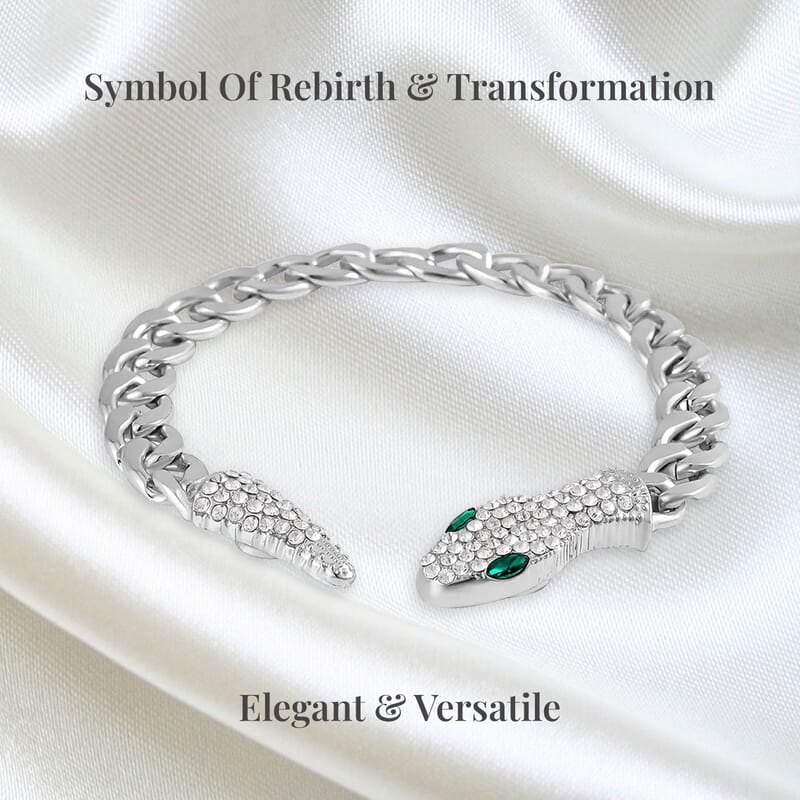 Green Glass and White Austrian Crystal Cable Link Chain with Snake Head & Tail Bracelet in Silvertone (10.50 In)