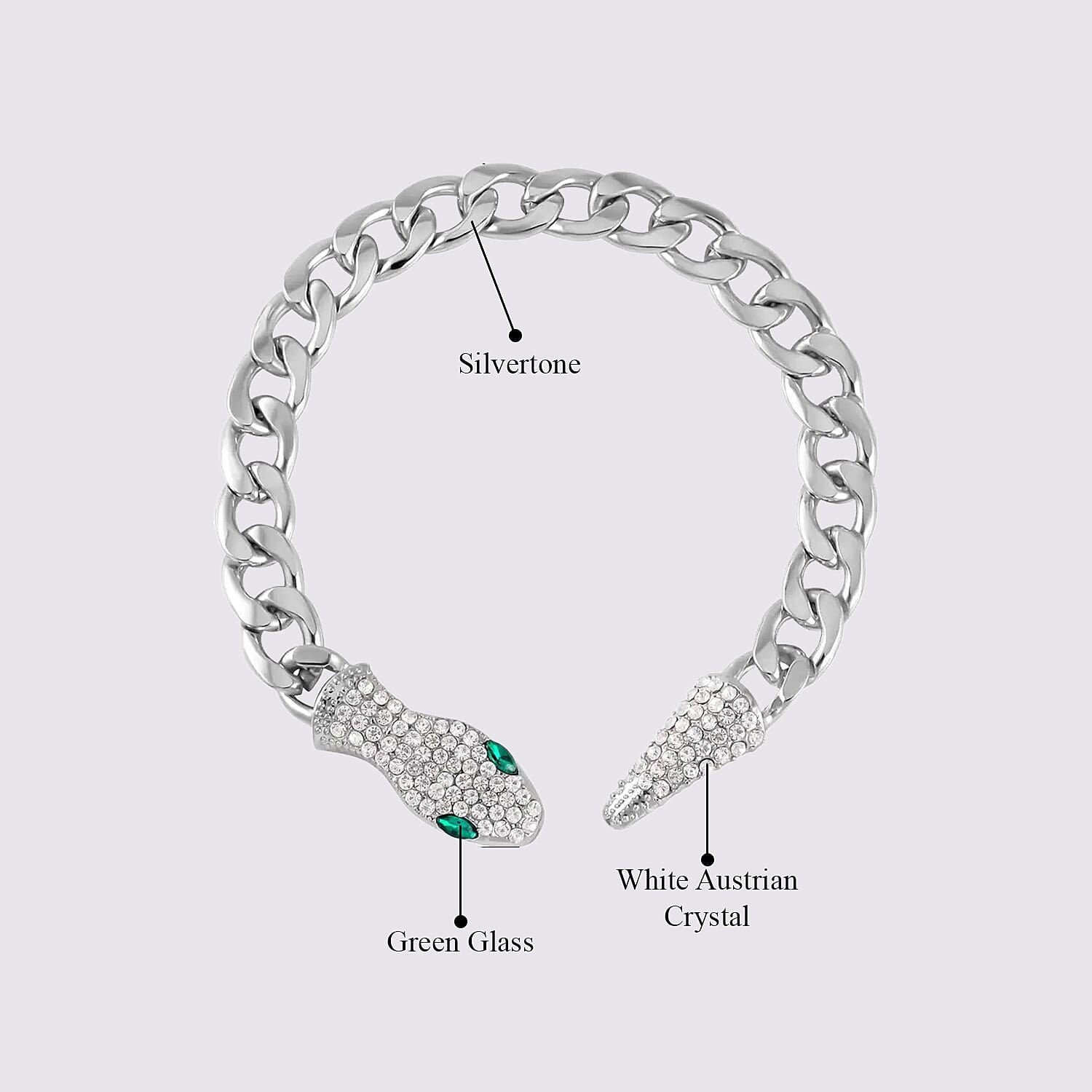 Green Glass and White Austrian Crystal Cable Link Chain with Snake Head & Tail Bracelet in Silvertone (10.50 In)
