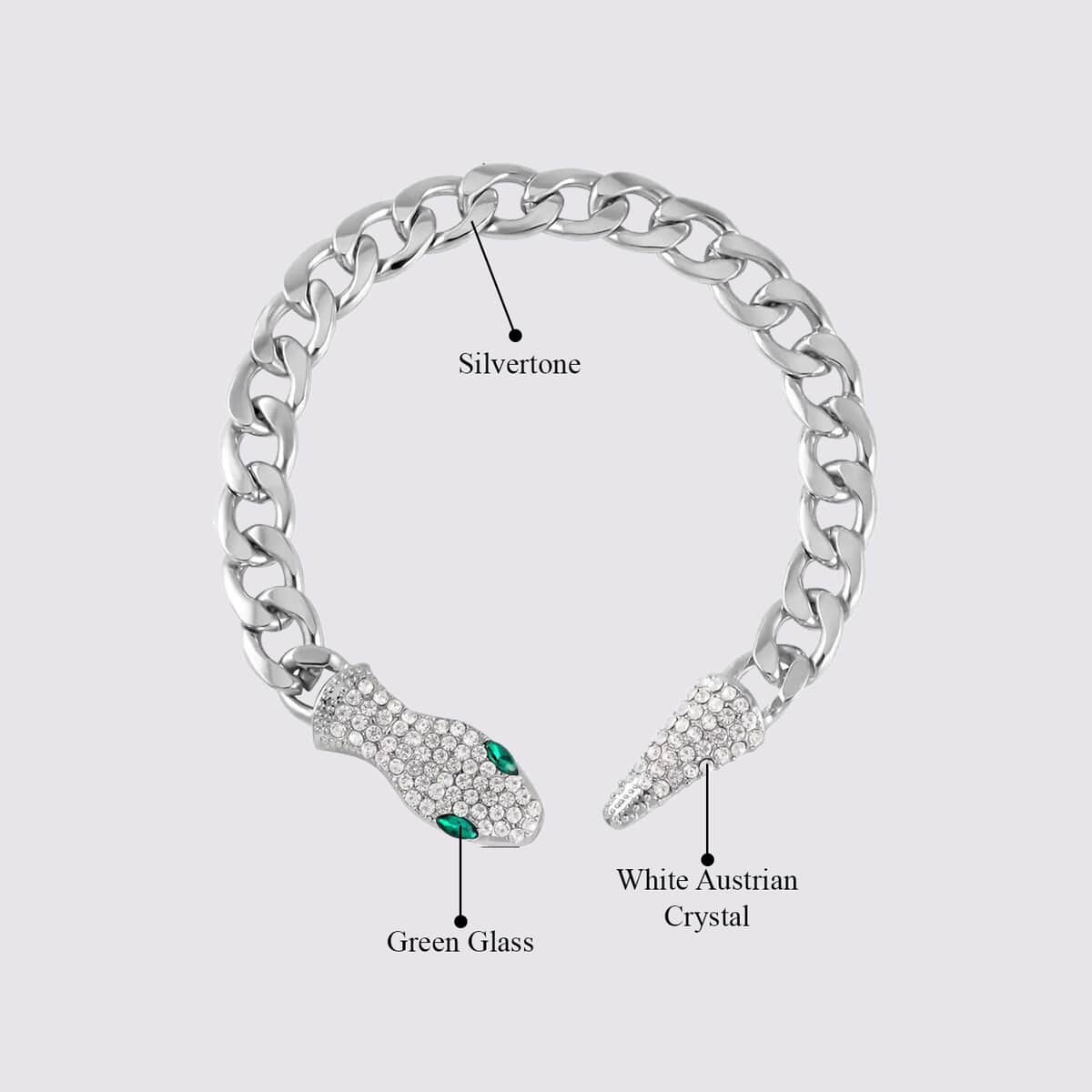 Green Glass and White Austrian Crystal Cable Link Chain with Snake Head & Tail Bracelet in Silvertone (10.50 In) image number 4