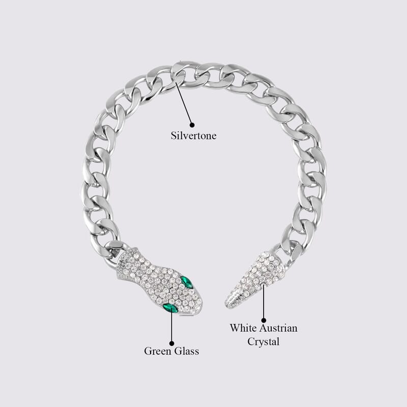 Green Glass and White Austrian Crystal Cable Link Chain with Snake Head & Tail Bracelet in Silvertone (10.50 In)