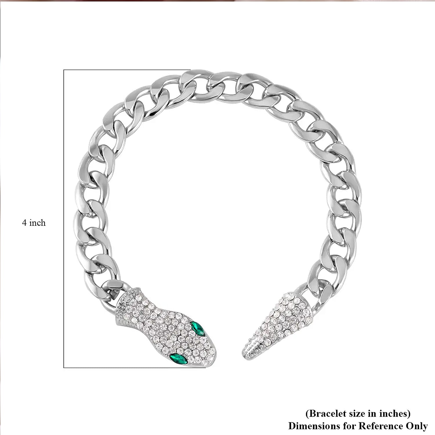 Green Glass and White Austrian Crystal Cable Link Chain with Snake Head & Tail Bracelet in Silvertone (10.50 In)