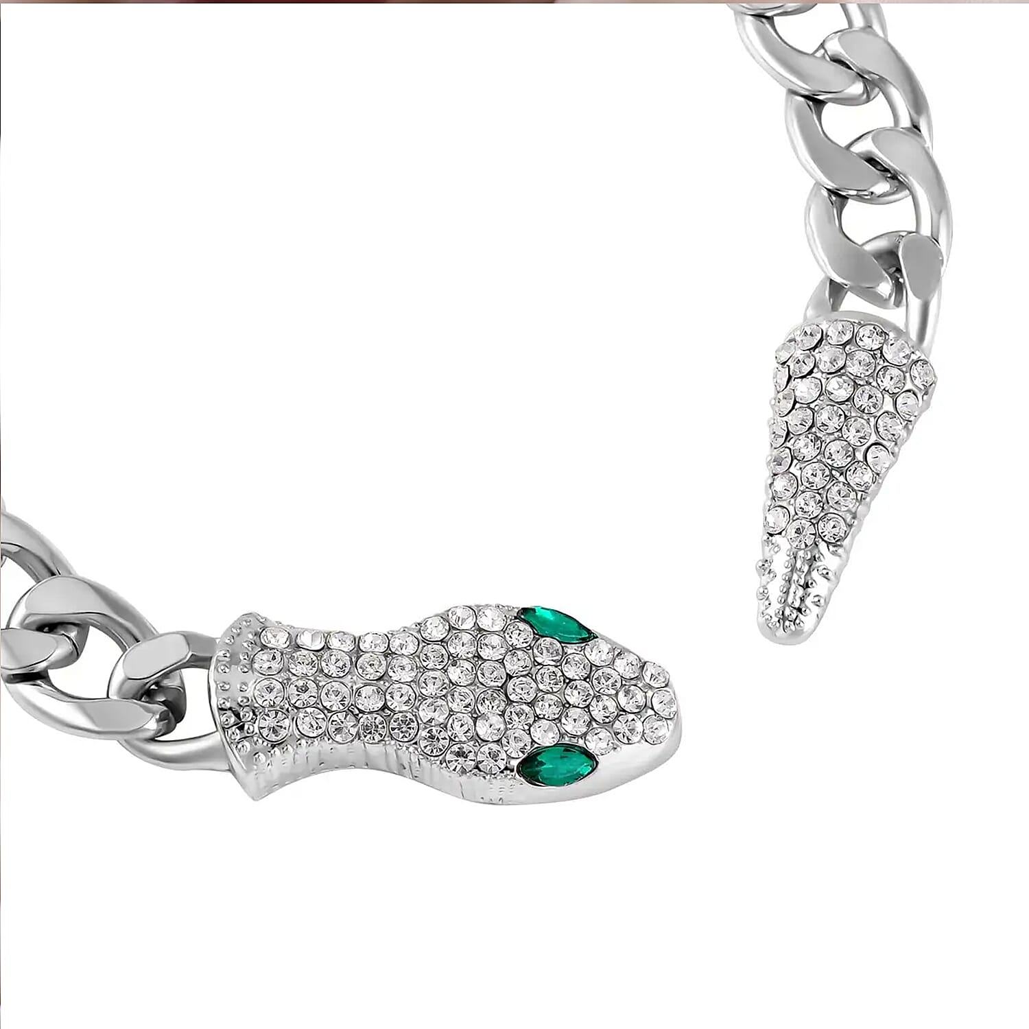 Green Glass and White Austrian Crystal Cable Link Chain with Snake Head & Tail Bracelet in Silvertone (10.50 In)