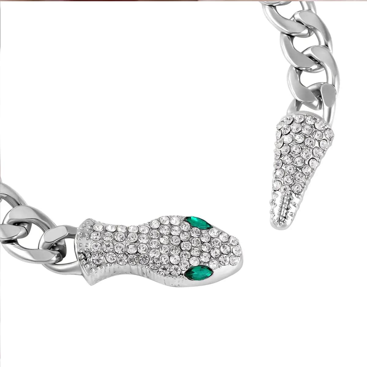 Green Glass and White Austrian Crystal Cable Link Chain with Snake Head & Tail Bracelet in Silvertone (10.50 In) image number 7