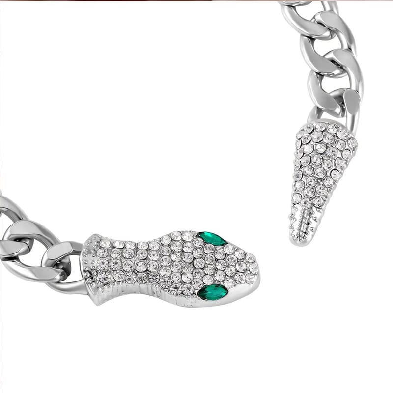 Green Glass and White Austrian Crystal Cable Link Chain with Snake Head & Tail Bracelet in Silvertone (10.50 In)