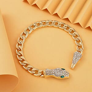 Green Glass and White Austrian Crystal Cable Link Chain with Snake Head & Tail Bracelet in Goldtone (10.50 In)