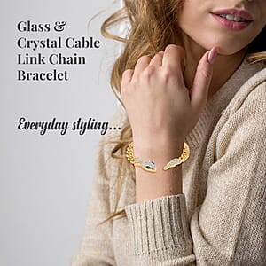 Green Glass and White Austrian Crystal Cable Link Chain with Snake Head & Tail Bracelet in Goldtone (10.50 In)