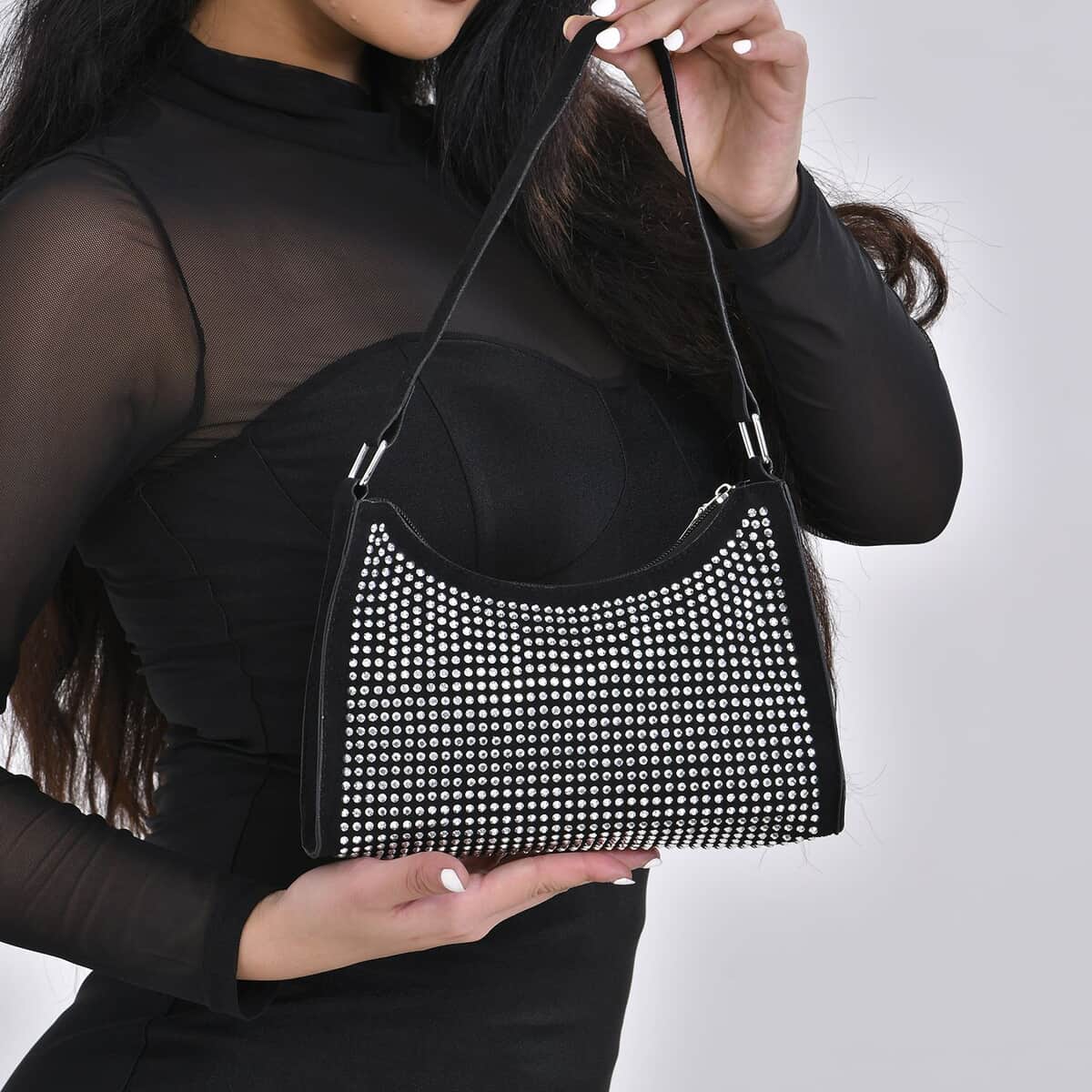 Black Faux Leather and Crystal Sling Bag (9.3"x3.6"x2.6") image number 2