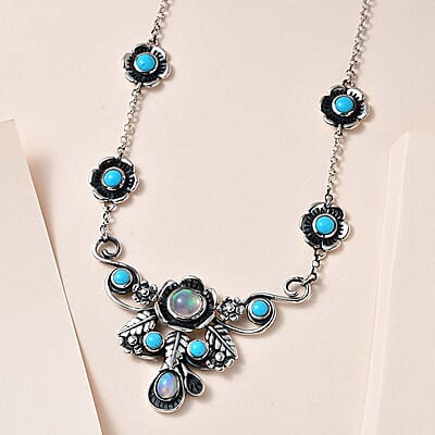 GP Italian Garden Collection Premium Ethiopian Welo Opal and Sleeping Beauty Turquoise Necklace 18 Inches in Sterling Silver 5.20 ctw