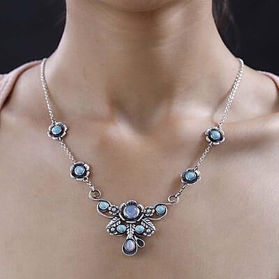 GP Italian Garden Collection Premium Ethiopian Welo Opal and Sleeping Beauty Turquoise Necklace 18 Inches in Sterling Silver 5.20 ctw