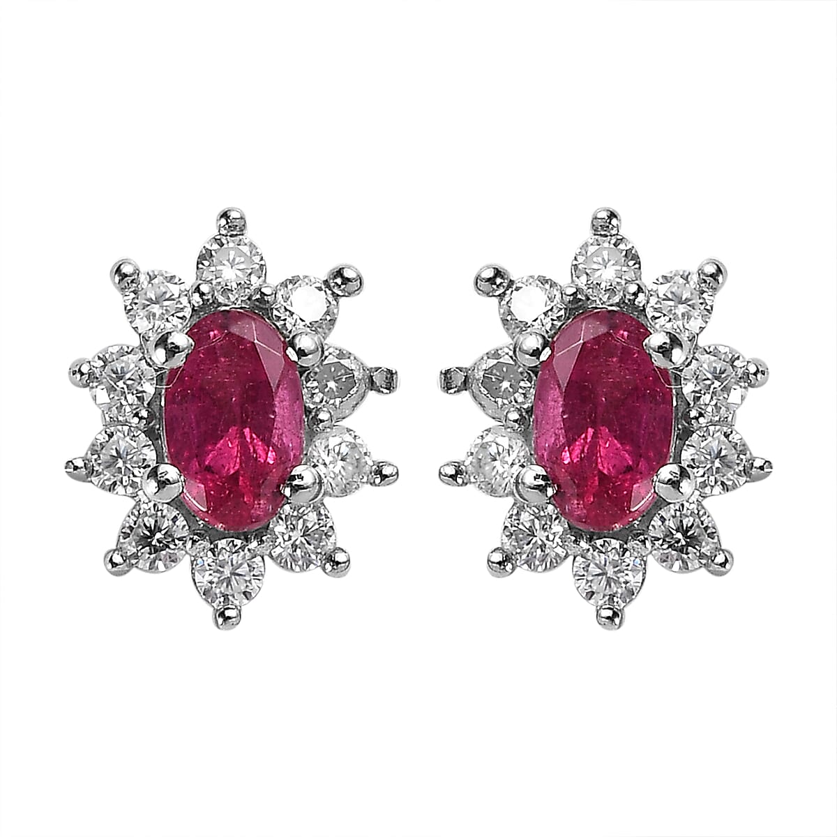Ouro Fino Rubellite and Moissanite Sunburst Stud Earrings in Platinum Over Sterling Silver 0.65 ctw