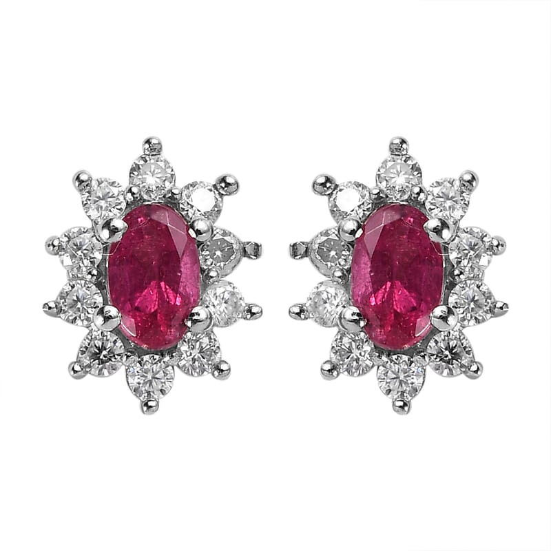 Ouro Fino Rubellite and Moissanite Sunburst Stud Earrings in Platinum Over Sterling Silver 0.65 ctw