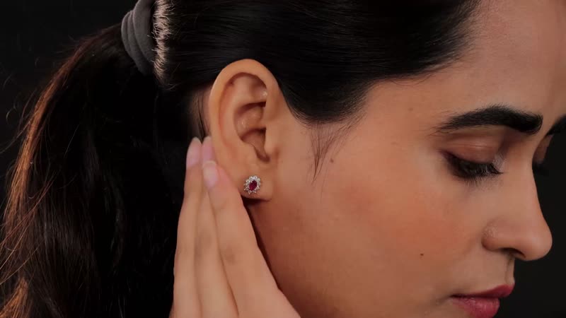 Ouro Fino Rubellite and Moissanite Sunburst Stud Earrings in Platinum Over Sterling Silver 0.65 ctw