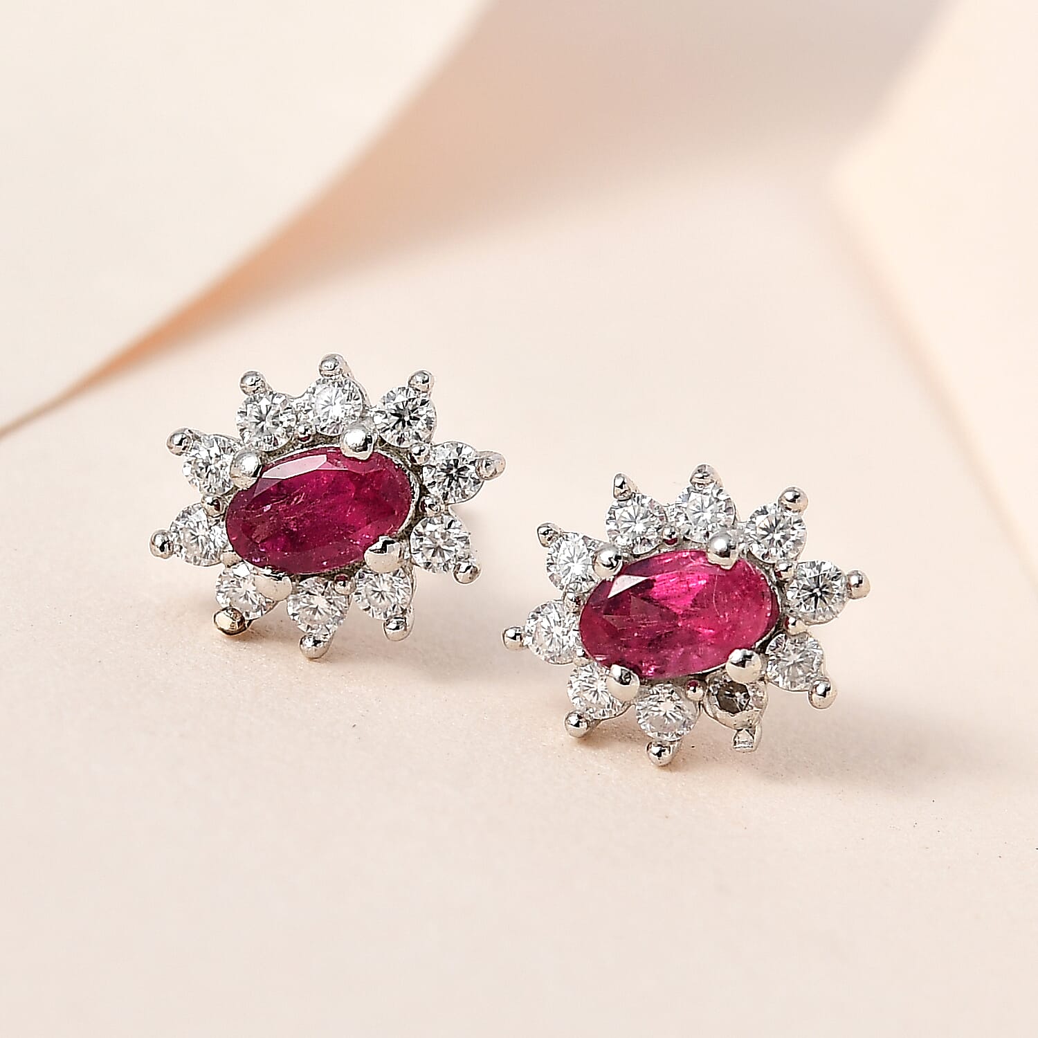 Ouro Fino Rubellite and Moissanite Sunburst Stud Earrings in Platinum Over Sterling Silver 0.65 ctw