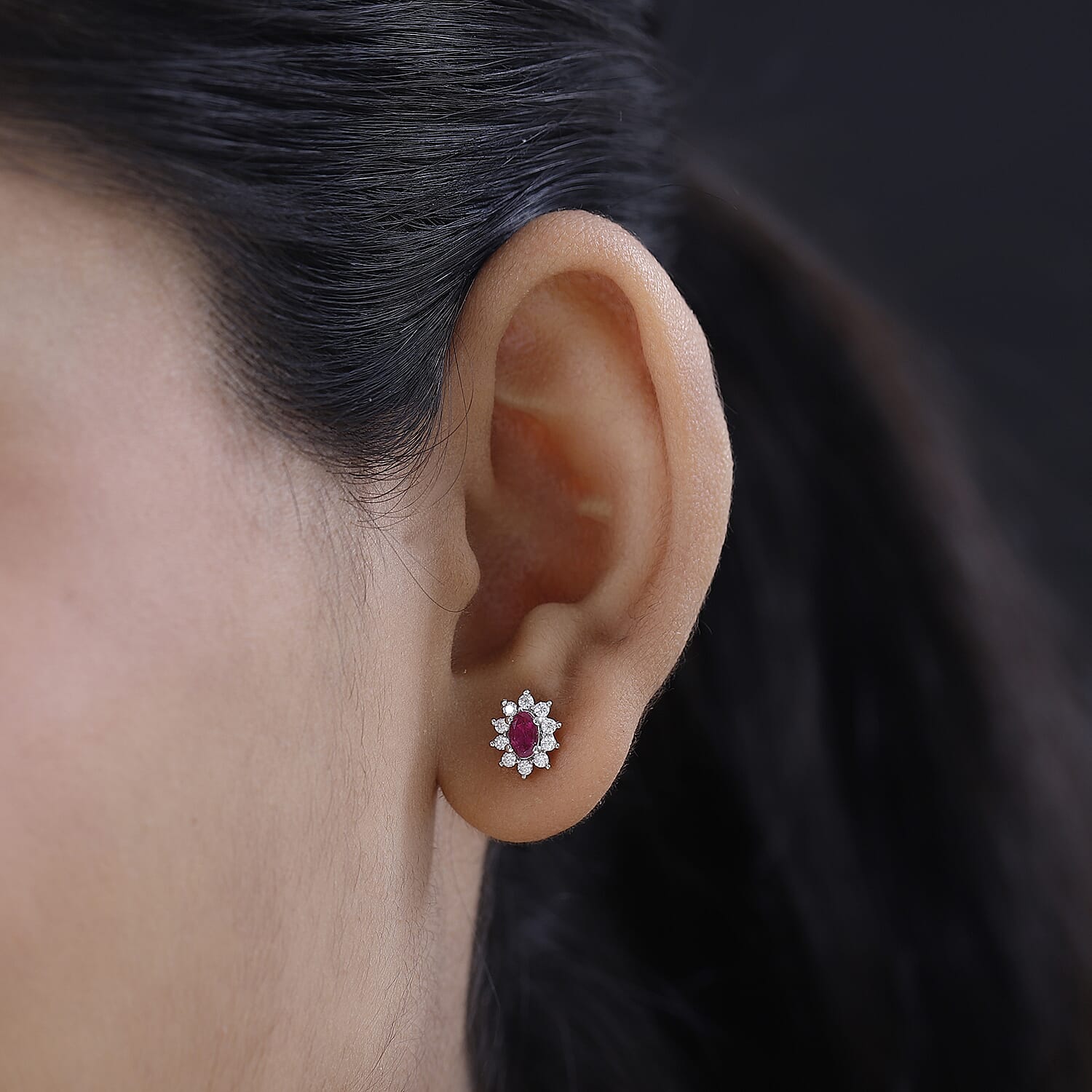 Ouro Fino Rubellite and Moissanite Sunburst Stud Earrings in Platinum Over Sterling Silver 0.65 ctw