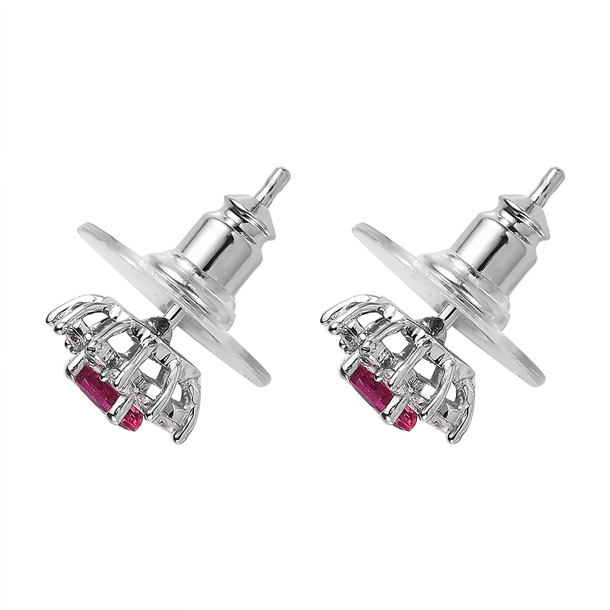 Ouro Fino Rubellite and Moissanite Sunburst Stud Earrings in Platinum Over Sterling Silver 0.65 ctw