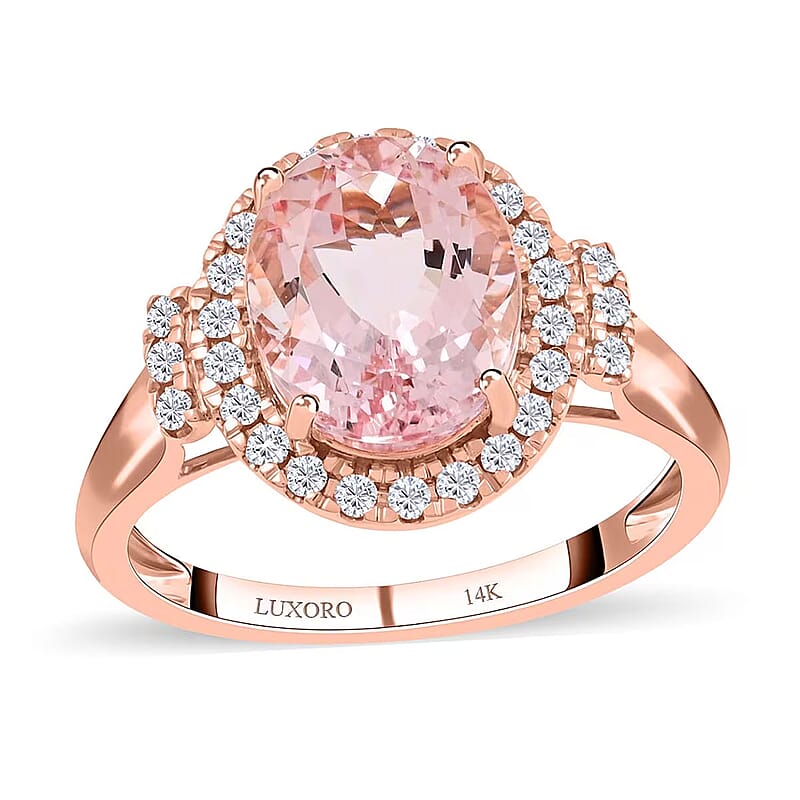 Luxoro 14K Rose Gold AAA Pink Morganite and G-H I2 Diamond Halo Ring (Size 11.0) 2.70 ctw