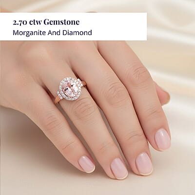 Luxoro 14K Rose Gold AAA Pink Morganite and G-H I2 Diamond Halo Ring (Size 11.0) 2.70 ctw