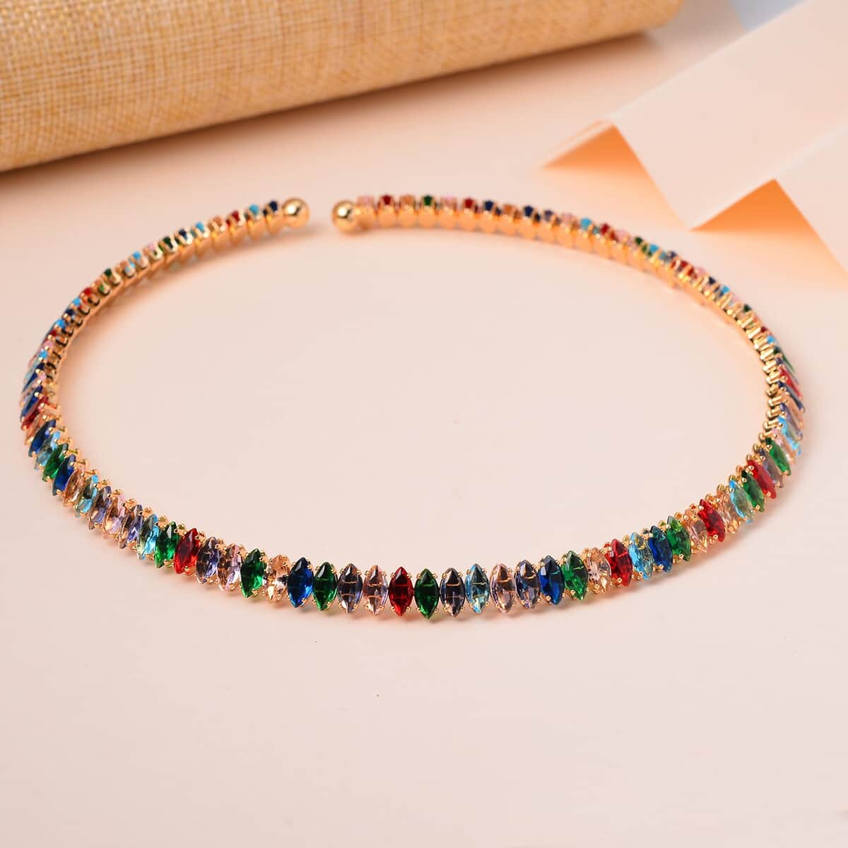 Simulated Multi Color Diamond Choker Necklace 15-16 Inches in Goldtone 25.00 ctw image number 1