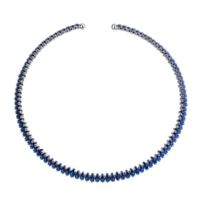 Simulated Blue Sapphire Choker Necklace 15-16 Inches in Silvertone 35.00 ctw