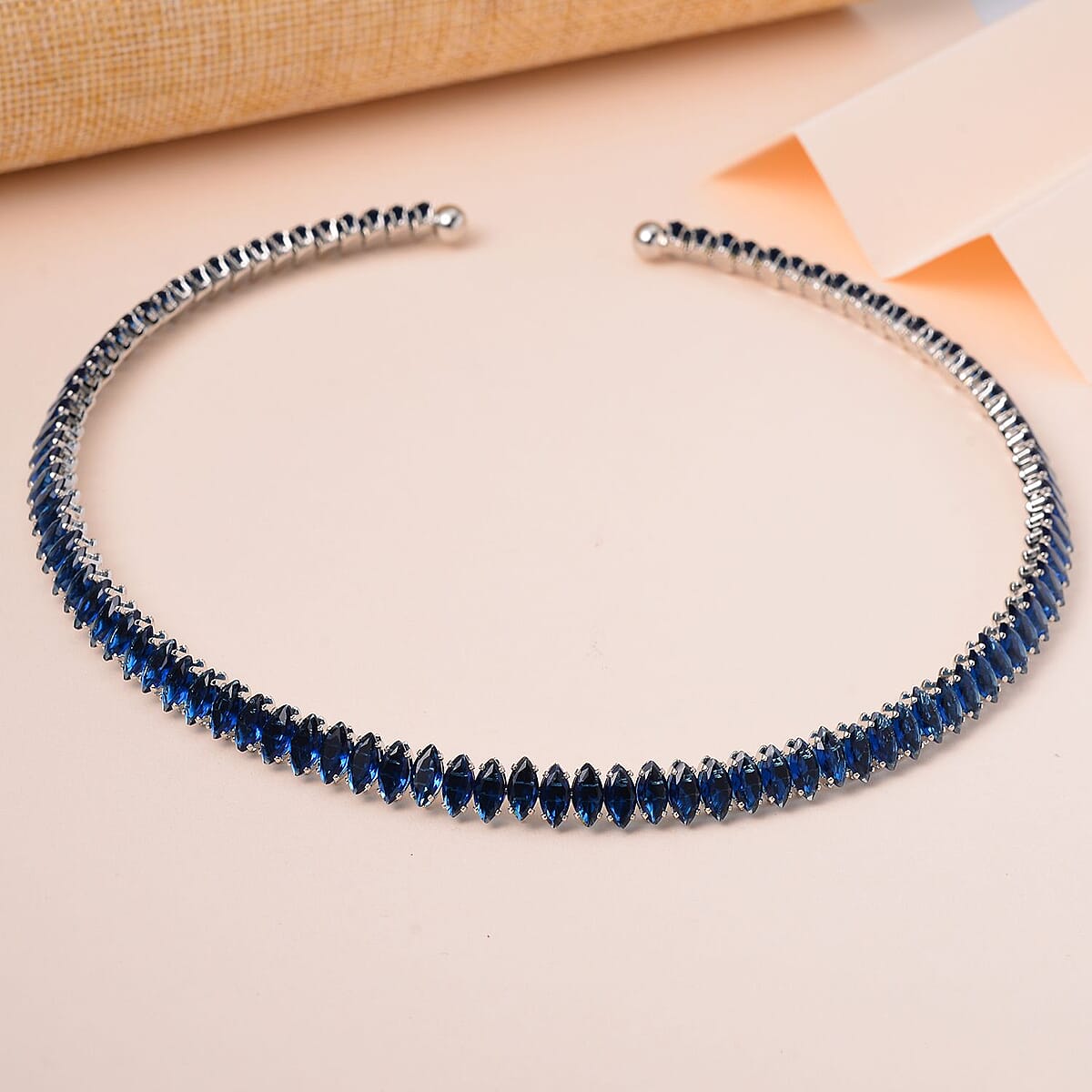 Simulated Blue Sapphire Choker Necklace 15-16 Inches in Silvertone 35.00 ctw image number 1