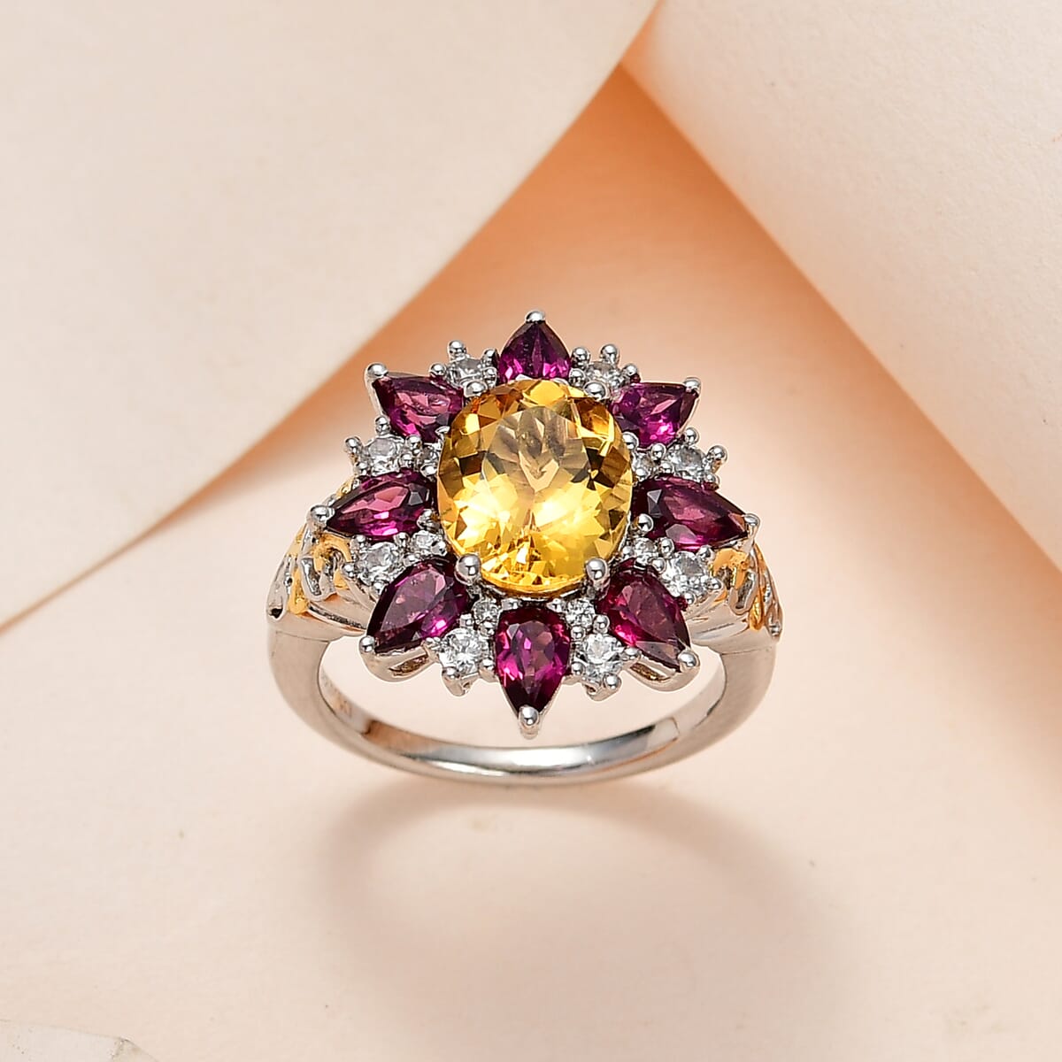 Premium Brazilian Heliodor and Multi Gemstone Floral Ring in Vermeil Yellow Gold and Platinum Over Sterling Silver 4.70 ctw image number 1