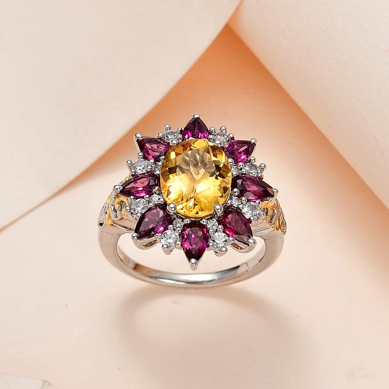 Premium Brazilian Heliodor and Multi Gemstone Floral Ring in Vermeil Yellow Gold and Platinum Over Sterling Silver (Size 10.0) 4.70 ctw