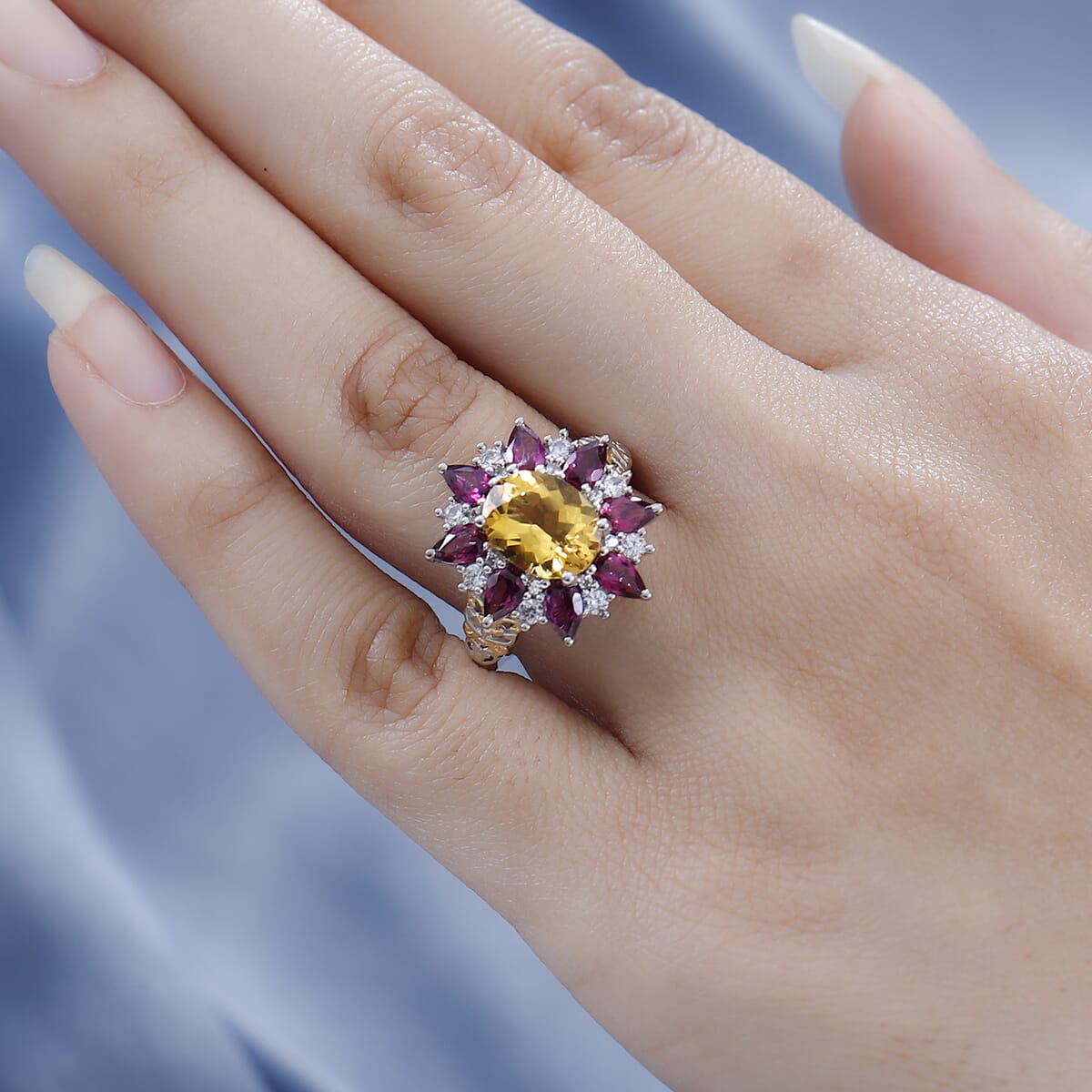 Premium Brazilian Heliodor and Multi Gemstone Floral Ring in Vermeil Yellow Gold and Platinum Over Sterling Silver 4.70 ctw image number 2