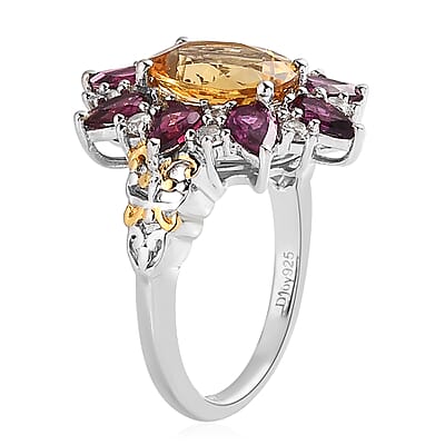 Premium Brazilian Heliodor and Multi Gemstone Floral Ring in Vermeil Yellow Gold and Platinum Over Sterling Silver (Size 10.0) 4.70 ctw