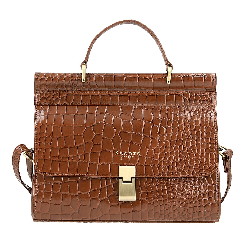 Assots London Tan Genuine Leather Croco Embossed Satchel Bag, Ladies Purse Handbag With Adjustable & Detachable Shoulder Strap And Button Closure (11.61X3.54X9.64)