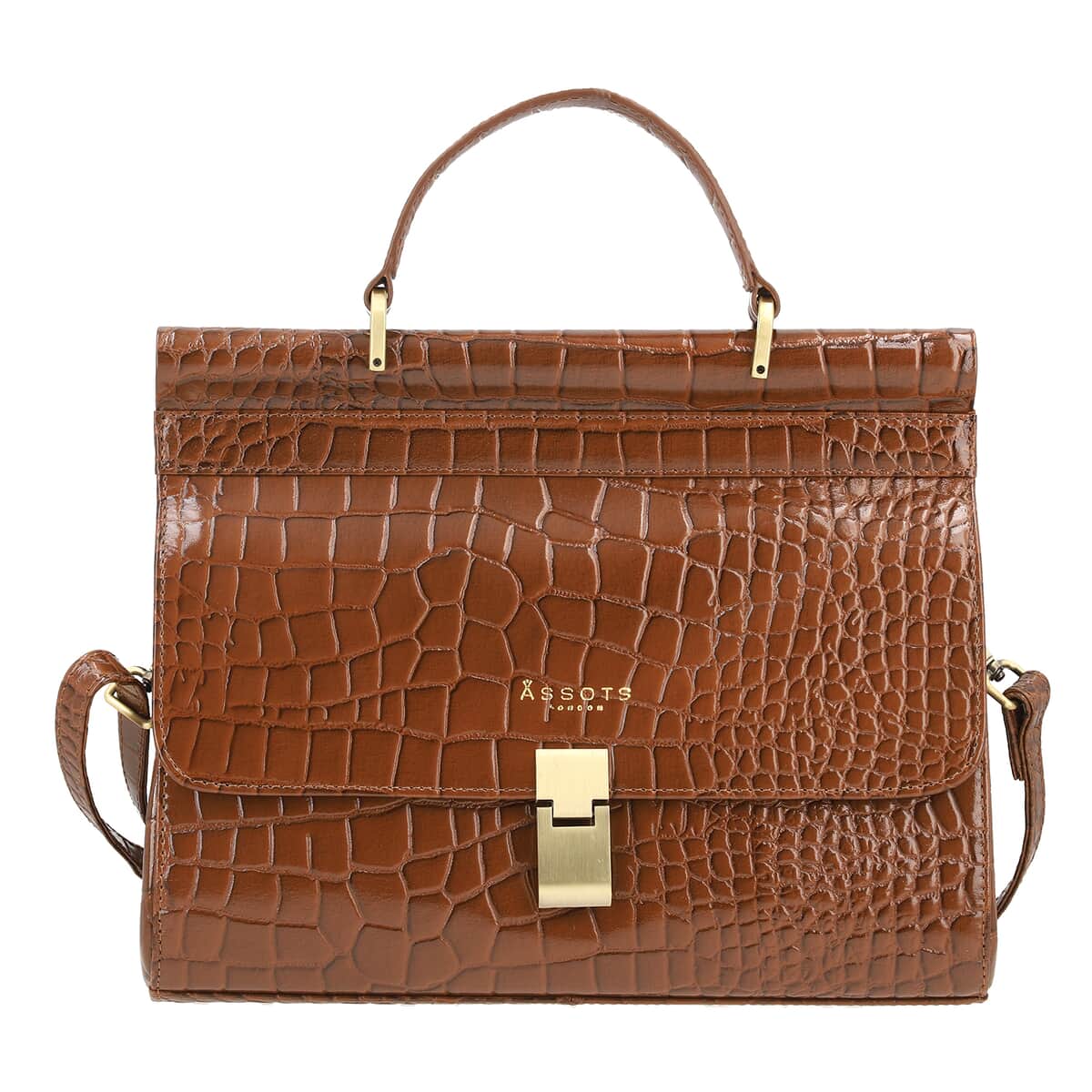 Assots London Tan Genuine Leather Croco Embossed Satchel Bag, Ladies Purse Handbag With Adjustable & Detachable Shoulder Strap And Button Closure (11.61X3.54X9.64) image number 0