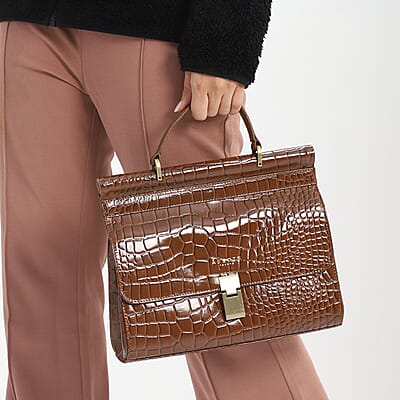Assots London Tan Genuine Leather Croco Embossed Satchel Bag, Ladies Purse Handbag With Adjustable & Detachable Shoulder Strap And Button Closure (11.61X3.54X9.64)