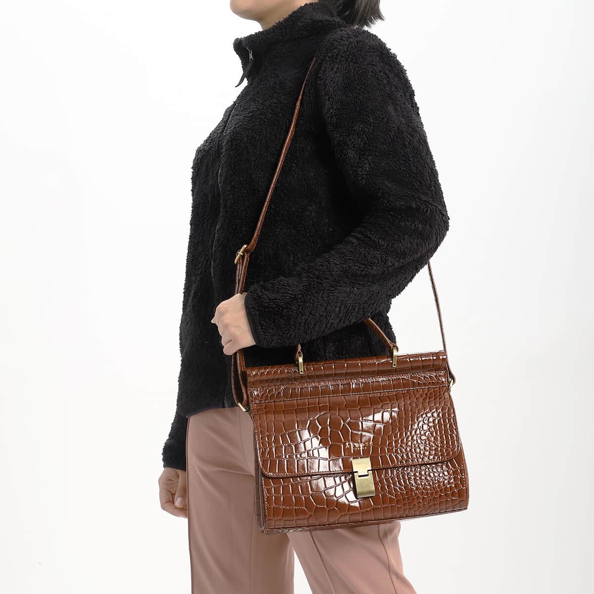 Assots London Tan Genuine Leather Croco Embossed Satchel Bag, Ladies Purse Handbag With Adjustable & Detachable Shoulder Strap And Button Closure (11.61X3.54X9.64) image number 2