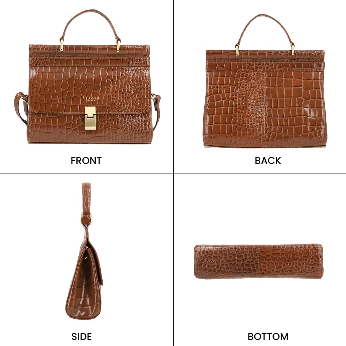 Assots London Tan Genuine Leather Croco Embossed Satchel Bag, Ladies Purse Handbag With Adjustable & Detachable Shoulder Strap And Button Closure (11.61X3.54X9.64) image number 3