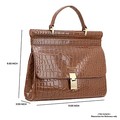 Assots London Tan Genuine Leather Croco Embossed Satchel Bag, Ladies Purse Handbag With Adjustable & Detachable Shoulder Strap And Button Closure (11.61X3.54X9.64)