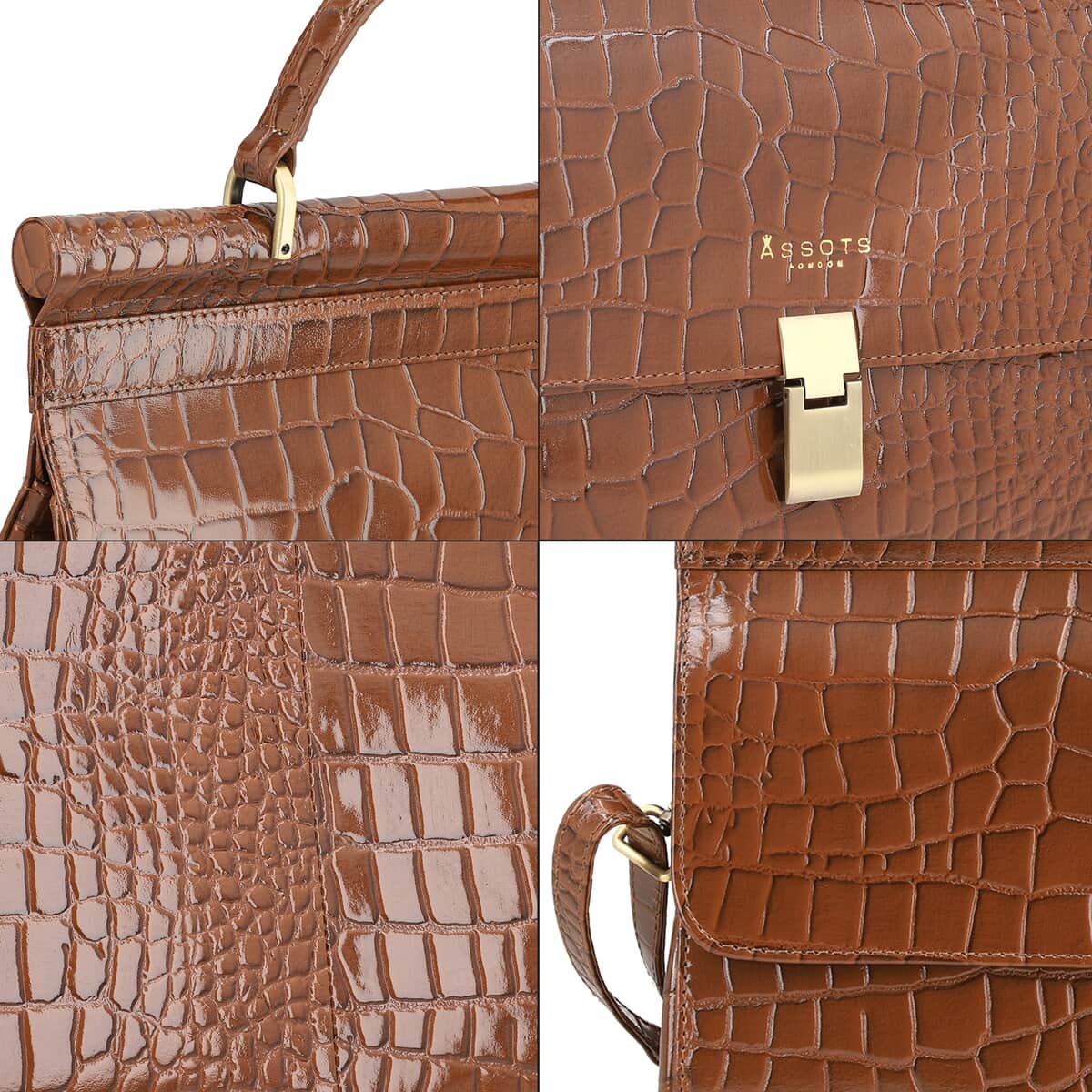 Assots London Tan Genuine Leather Croco Embossed Satchel Bag, Ladies Purse Handbag With Adjustable & Detachable Shoulder Strap And Button Closure (11.61X3.54X9.64) image number 5