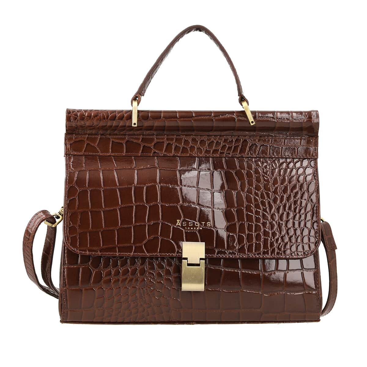Assots London Brown Genuine Leather Croco Embossed Satchel Bag For Women With Adjustable Detachable Shoulder Strap And Button Closure (11.61X3.54X9.64) image number 0