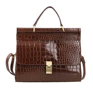 Assots London Brown Genuine Leather Croco Embossed Satchel Bag For Women With Adjustable Detachable Shoulder Strap And Button Closure (11.61X3.54X9.64)